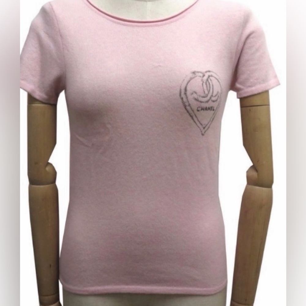 CHANEL Archival 09C Short Sleeve Cashmere Knit Heart CC Logo Sweater